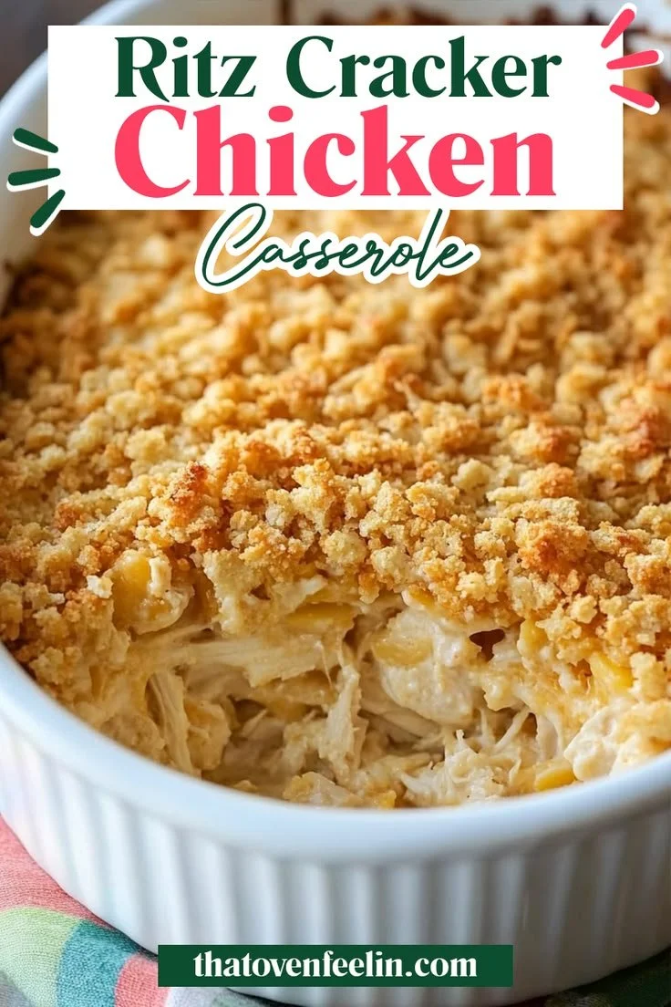 Delicious Ritz Cracker Chicken Casserole topped with crispy crackers