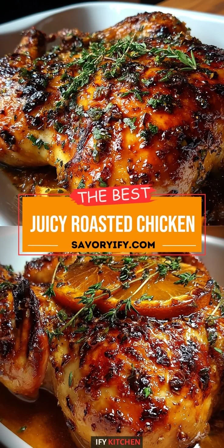 Juicy roasted orange chicken garnished with fresh parsley and oranges.