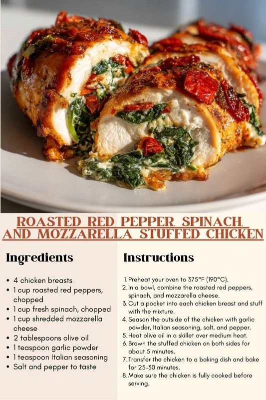 Roasted red pepper, spinach, and mozzarella stuffed chicken dish