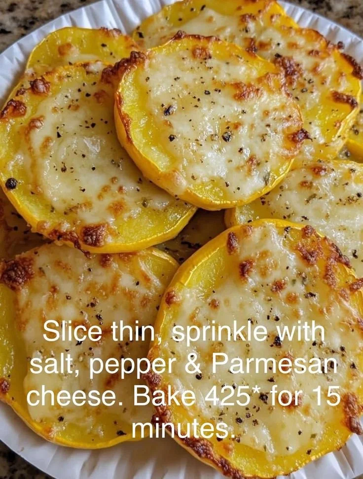 Roasted thinly sliced squash on a plate, garnished and ready to serve.