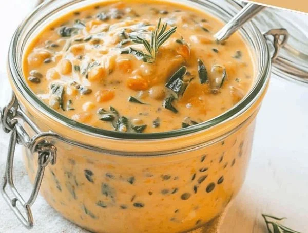 Bowl of rustic French lentil soup with fresh herbs and vegetables.