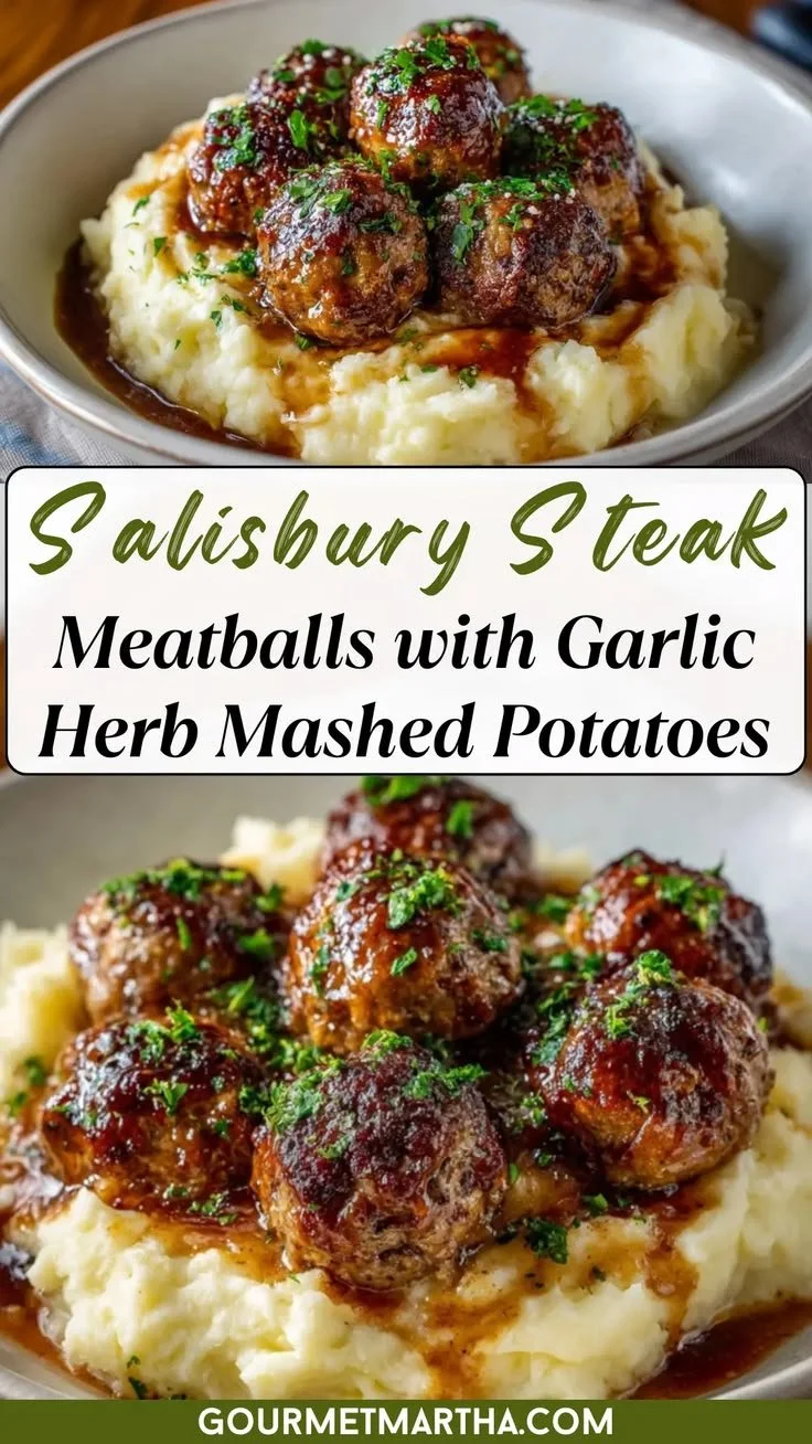 Salisbury steak meatballs served with garlic herb mashed potatoes