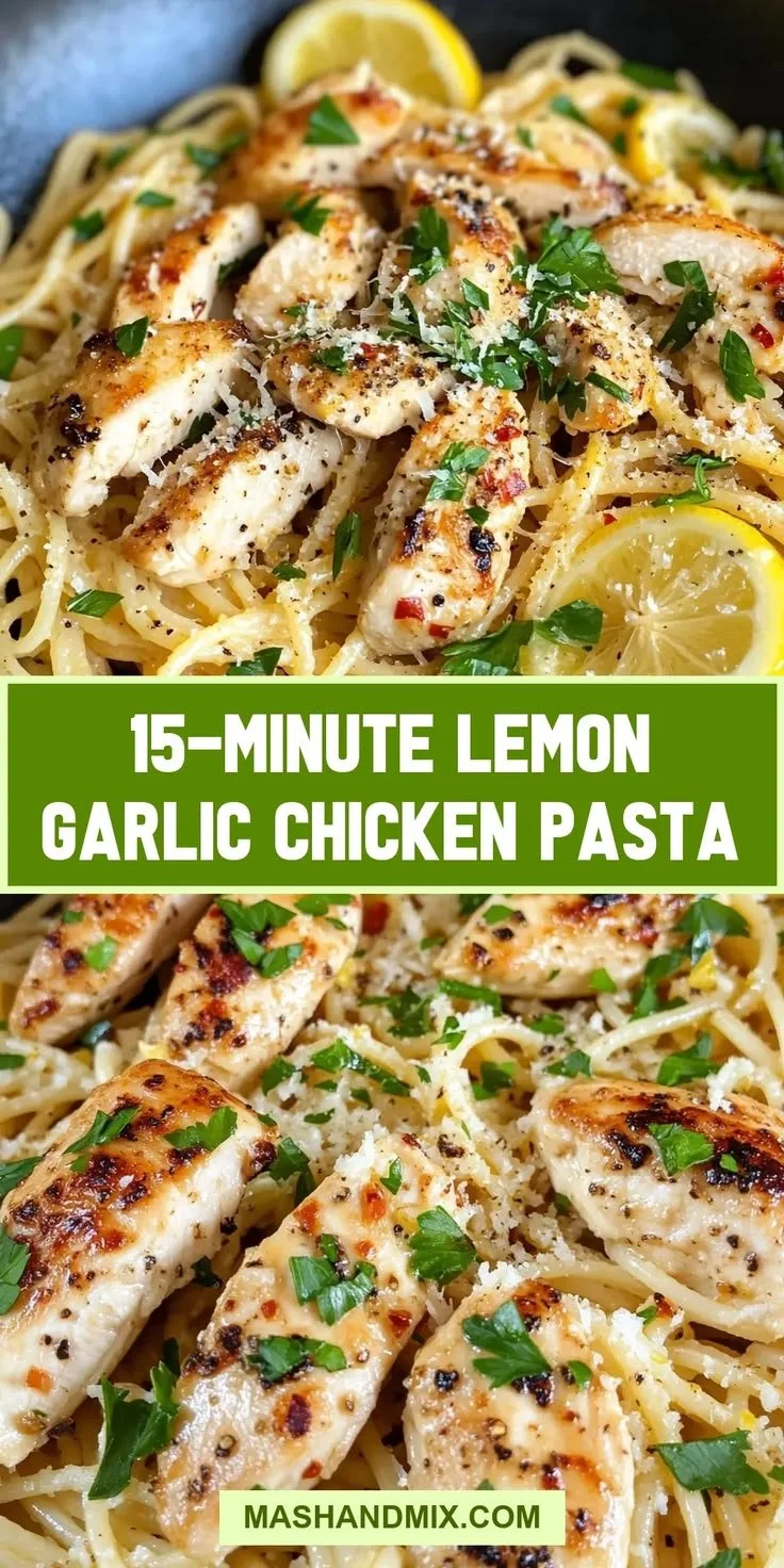 Plate of savory lemon garlic chicken pasta ready to serve.