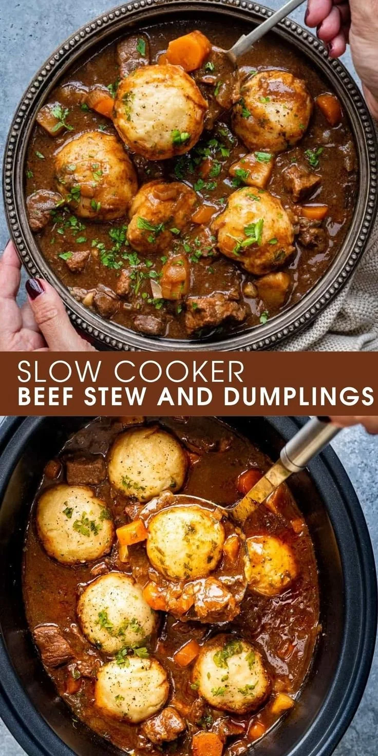 Delicious slow cooker beef stew with fluffy dumplings in a bowl