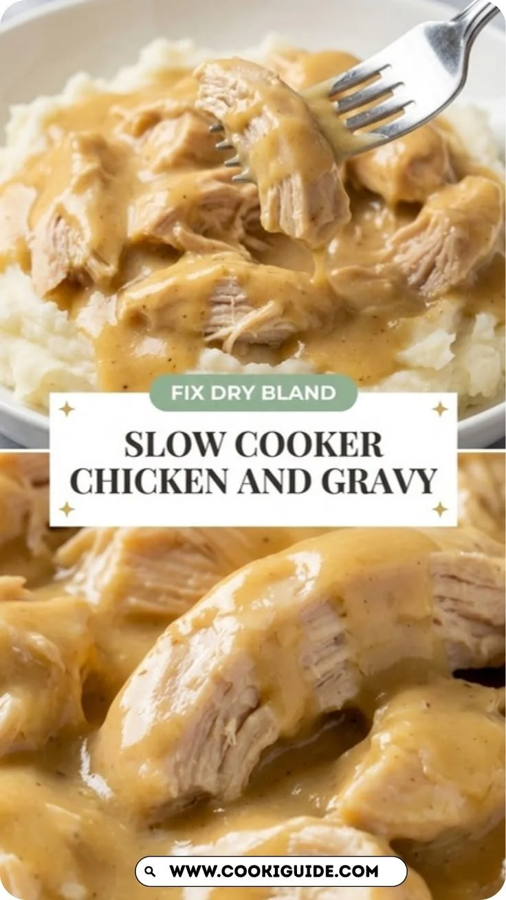 Slow Cooker Chicken and Gravy served in a bowl with herbs on top.
