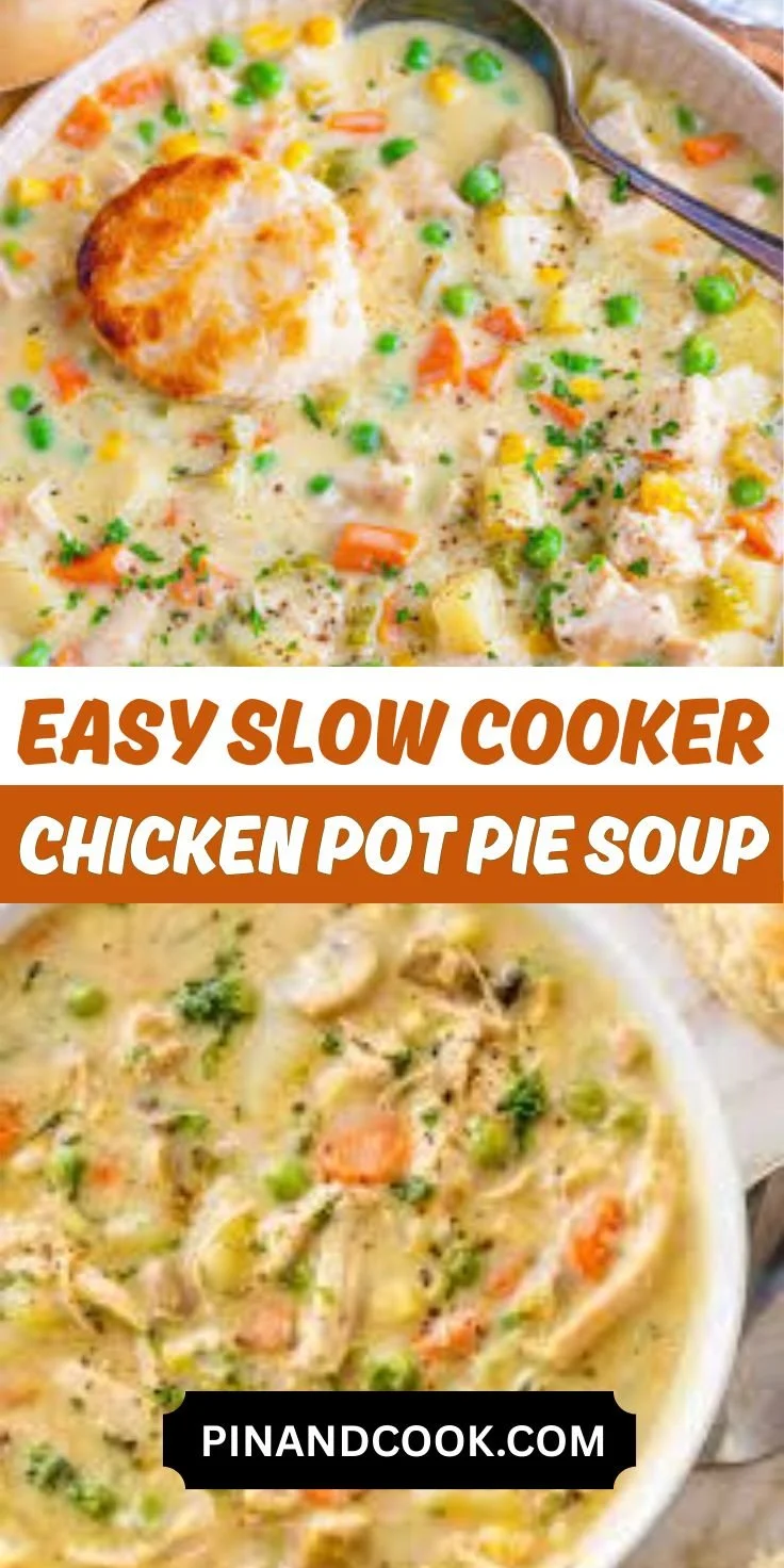 Creamy chicken pot pie soup in a bowl with vegetables and herbs