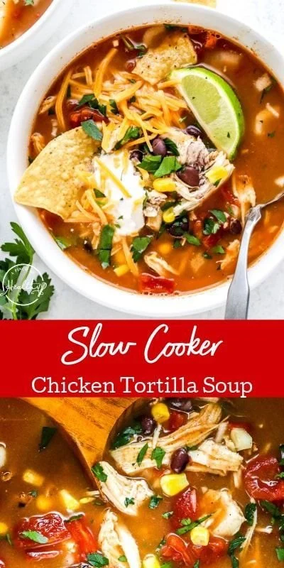 Bowl of slow cooker chicken tortilla soup topped with tortilla strips and avocado.