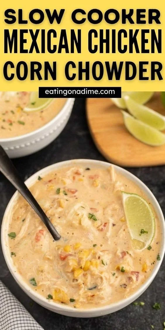 Slow Cooker Mexican Chicken Corn Chowder served in a bowl with toppings