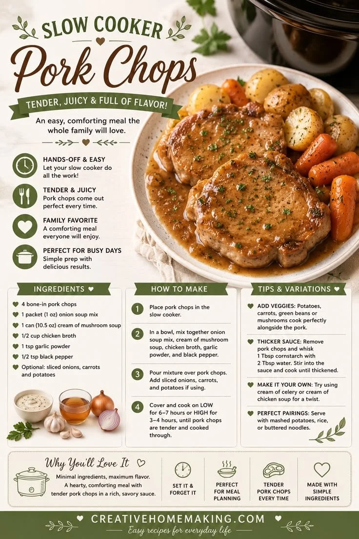 Slow cooker pork chops served with herbs and vegetables in a cozy setting