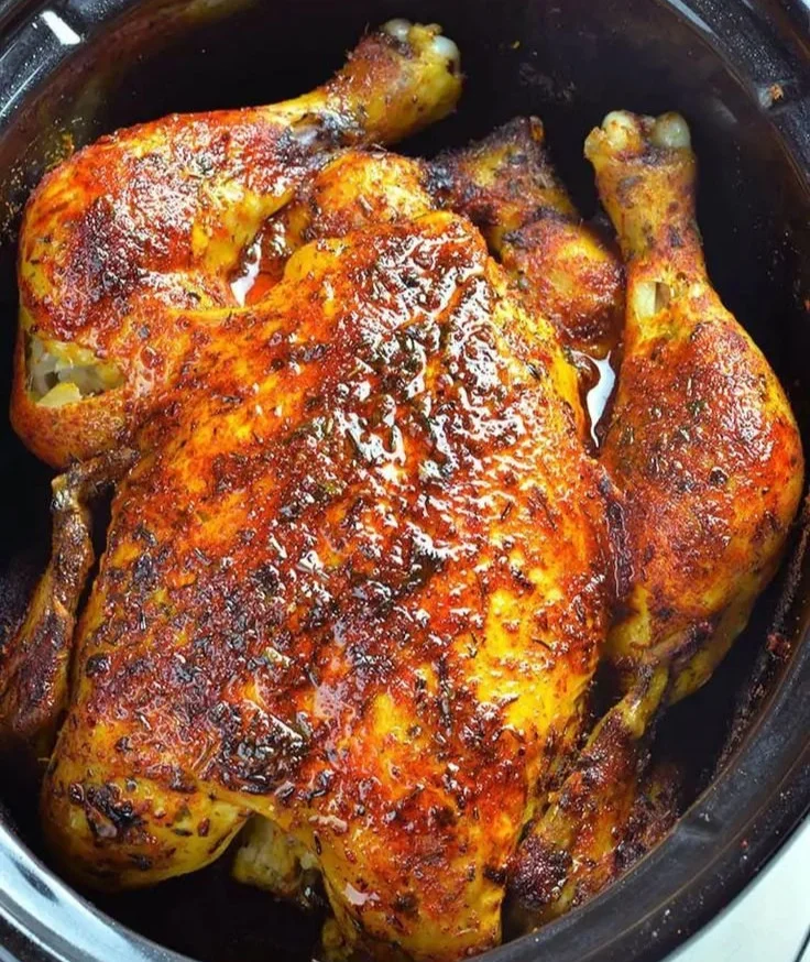 Delicious slow cooker rotisserie chicken cooked to perfection
