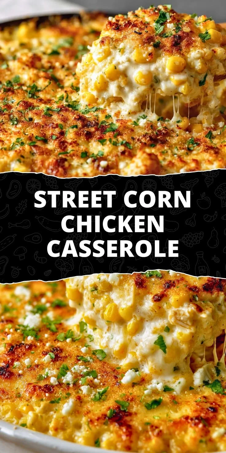 Delicious Street Corn Chicken Casserole topped with corn and spices