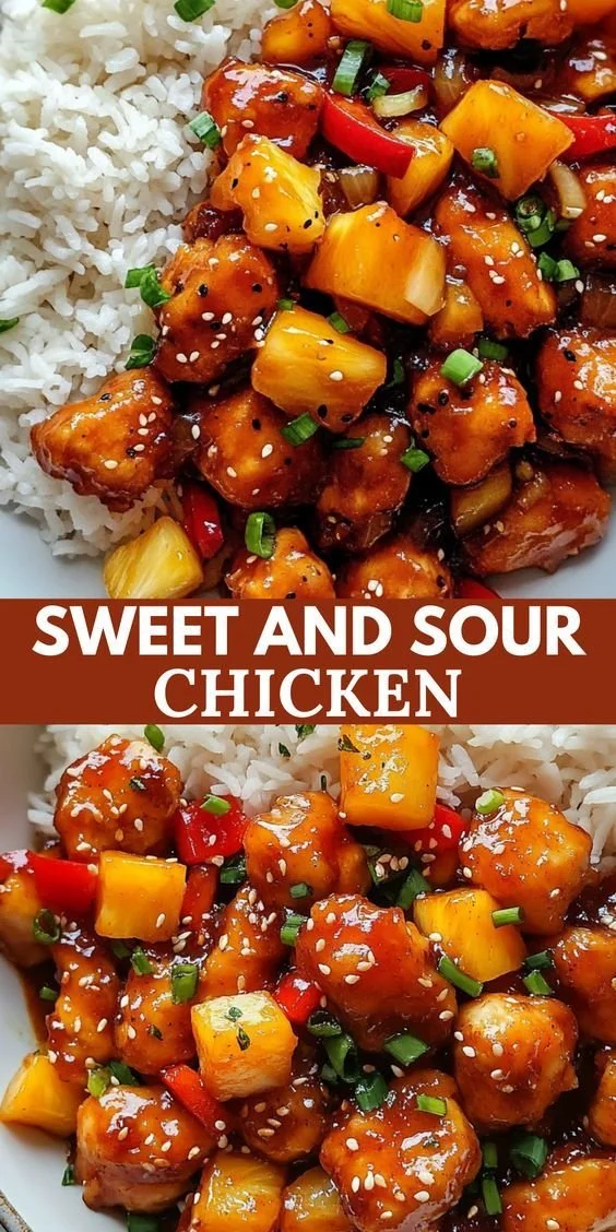Sweet and Sour Chicken with Pineapple served on a plate, garnished with green onions.