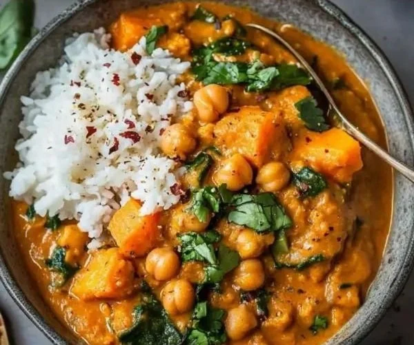 Bowl of sweet potato and chickpea curry with spices and herbs