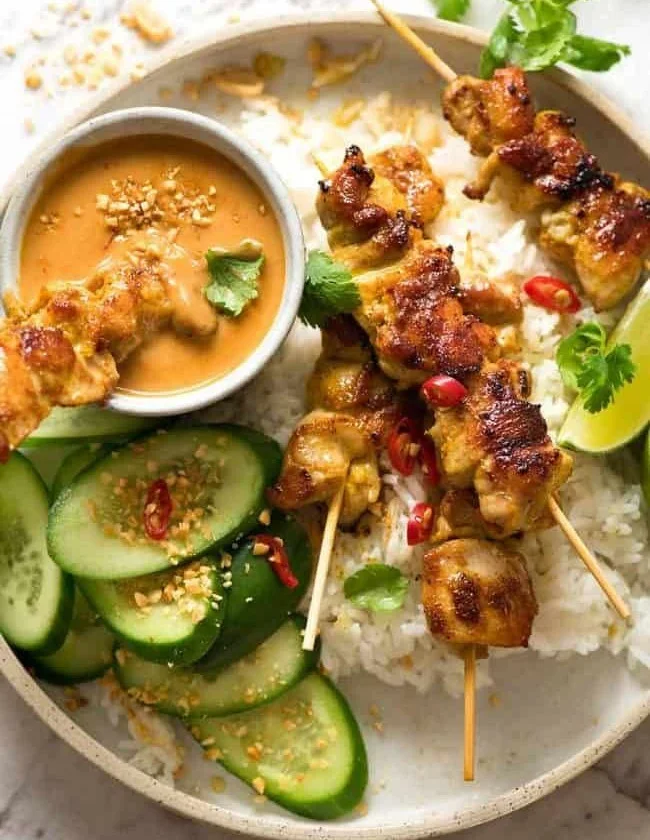 Thai Chicken Satay skewers served with creamy peanut sauce