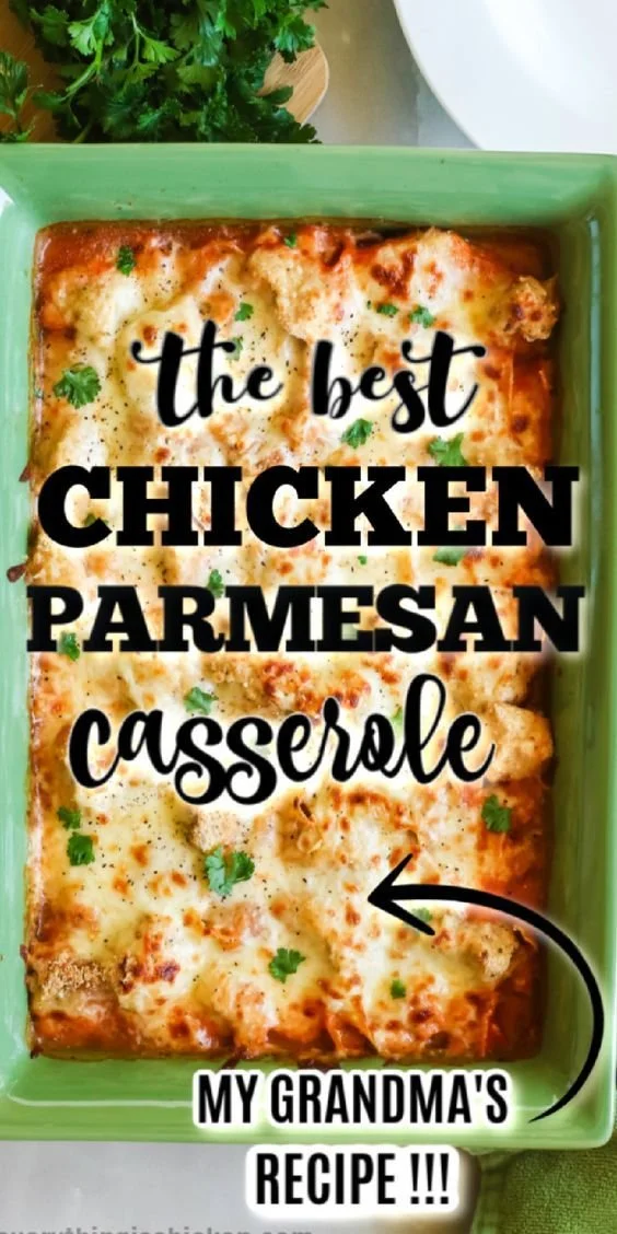 Delicious chicken parmesan casserole with melted cheese and marinara sauce