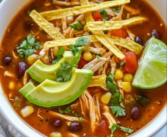Homemade Chicken Tortilla Soup garnished with crispy tortillas and cilantro