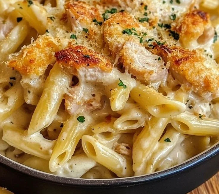 Delicious plate of Crack Chicken Penne with creamy sauce and herbs