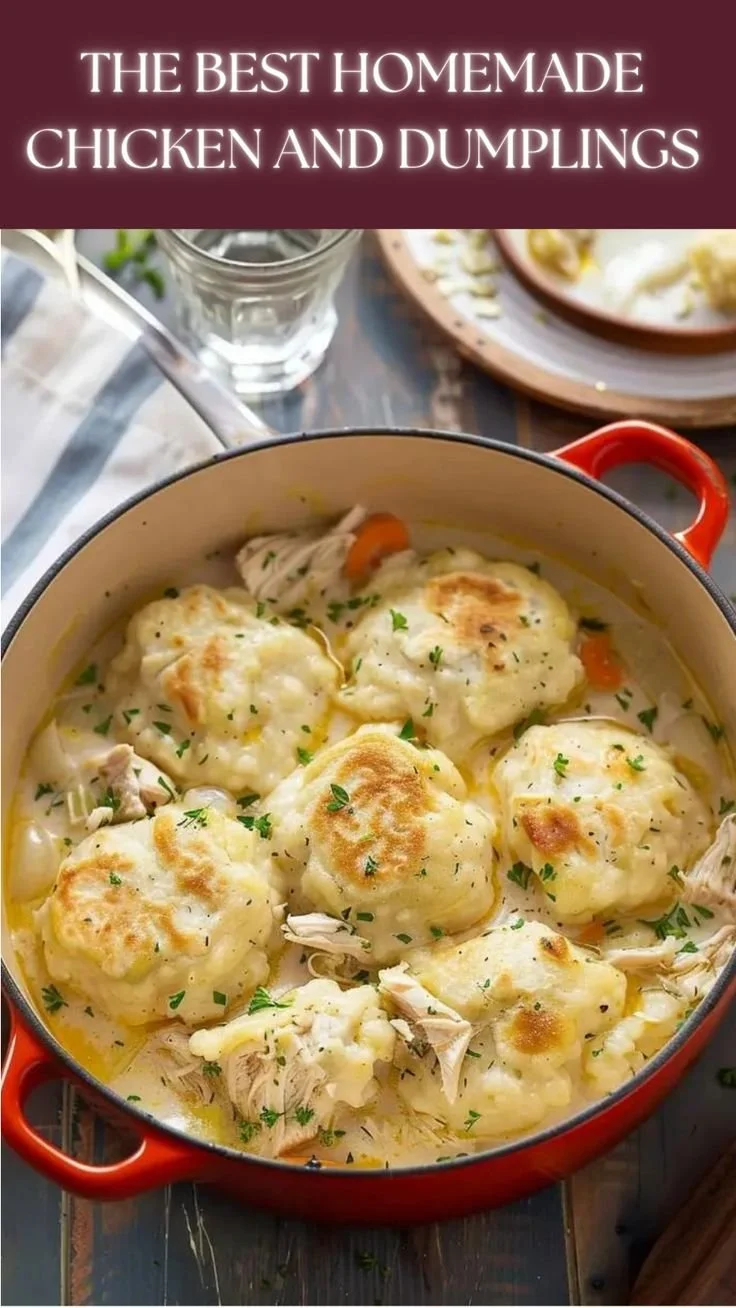 Bowl of homemade chicken and dumplings garnished with herbs