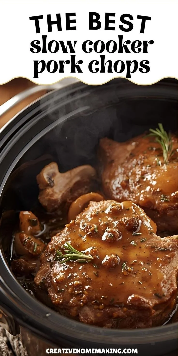 Delicious slow cooker pork chops served with creamy gravy