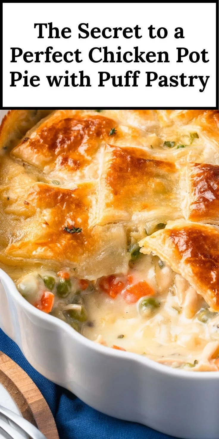 Delicious chicken pot pie with golden puff pastry crust and savory filling