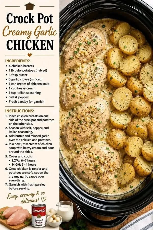 Crockpot creamy garlic chicken served with herbs and spices