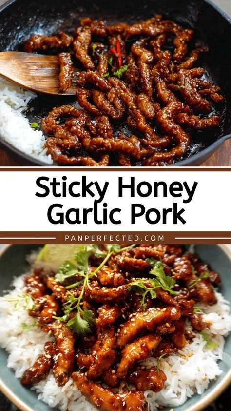 Delicious honey garlic pork served over rice with a sticky sweet glaze