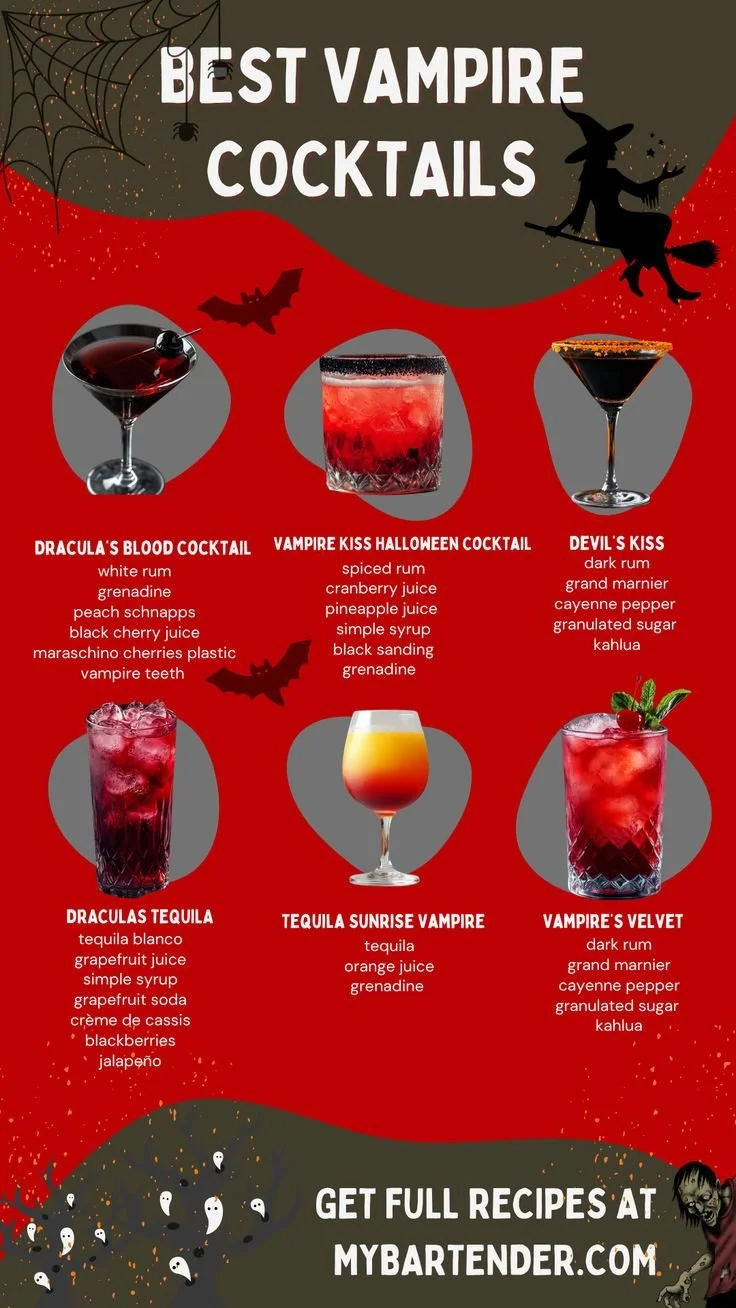 Vampire cocktails featuring cranberry, pomegranate, and cherry for Halloween