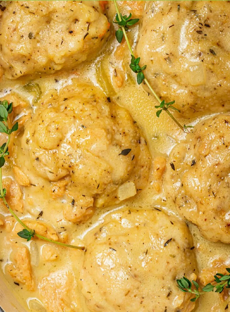 Delicious vegan chicken and dumplings served in a bowl with fresh herbs.
