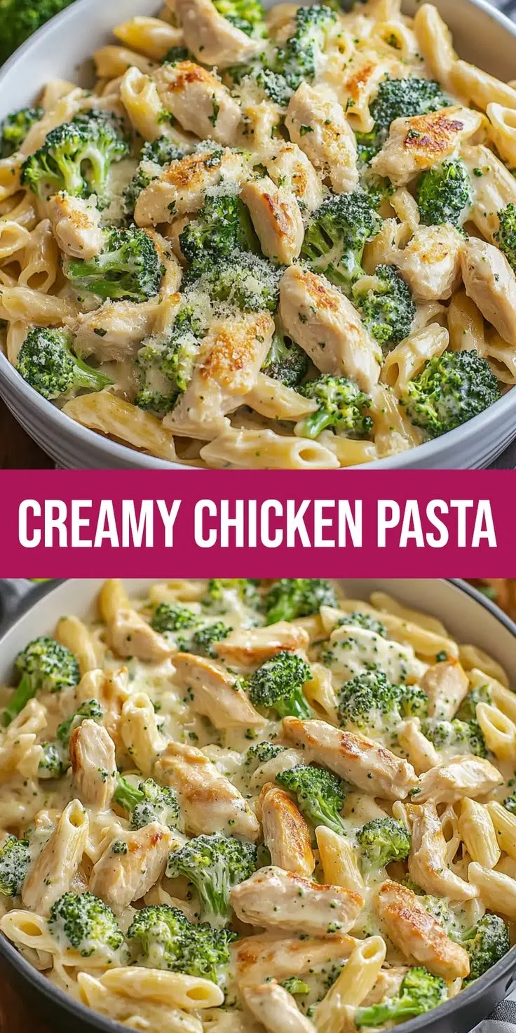 Creamy chicken broccoli pasta served in a bowl with fresh herbs