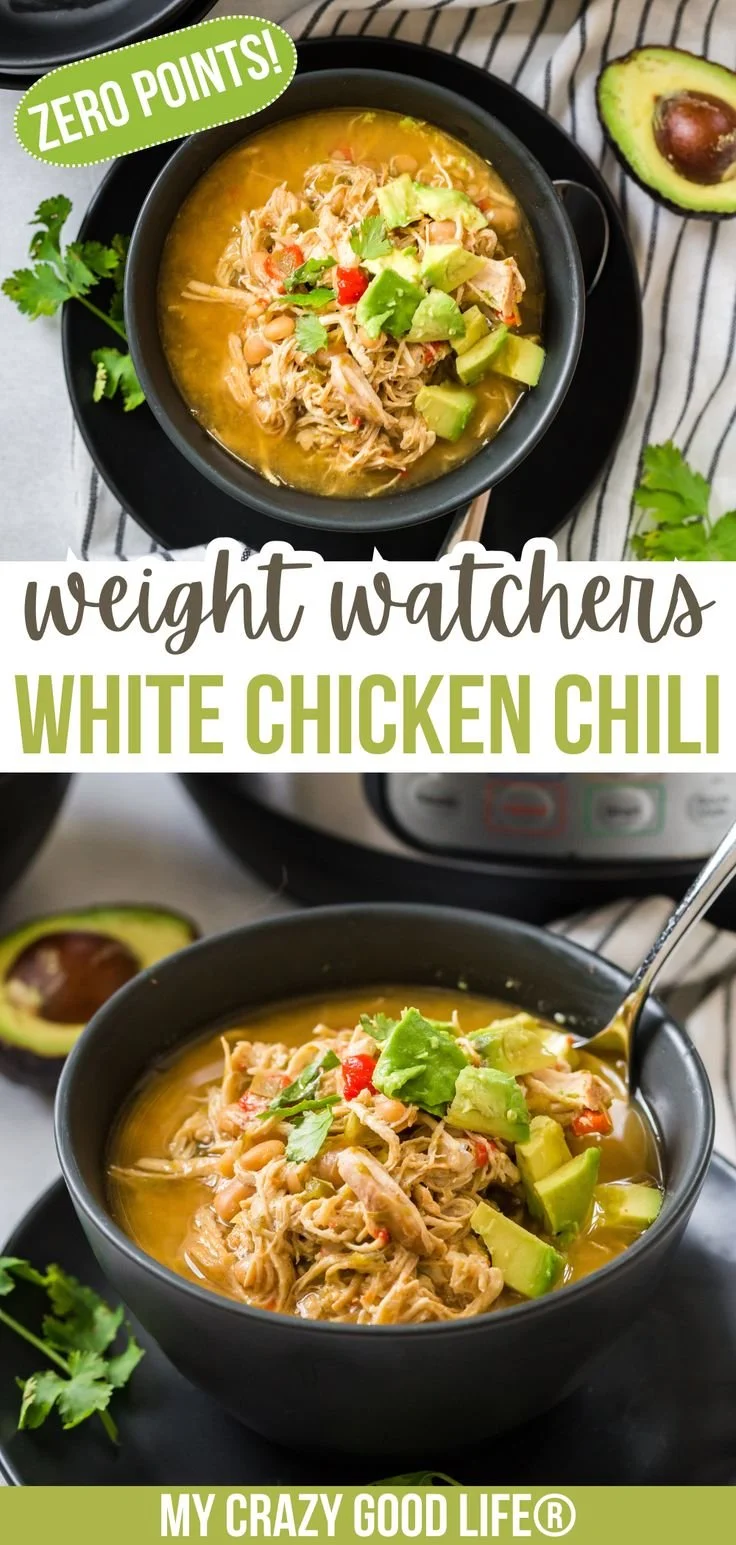 Bowl of WW White Chicken Chili garnished with herbs