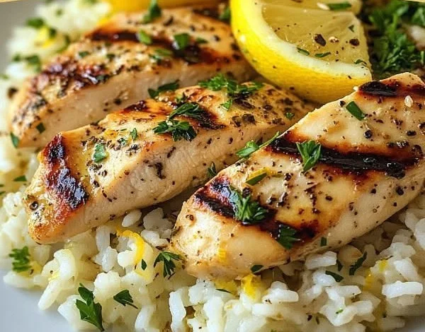 Zesty Greek Chicken & Lemon Rice Bake served in a colorful dish