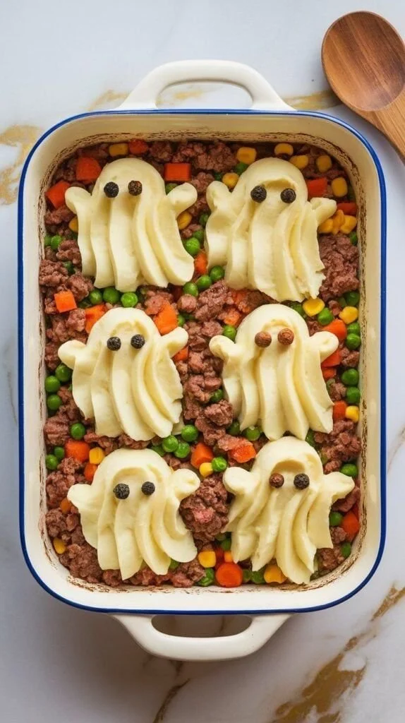 Spooky Halloween dinner table set with themed decorations and food ideas