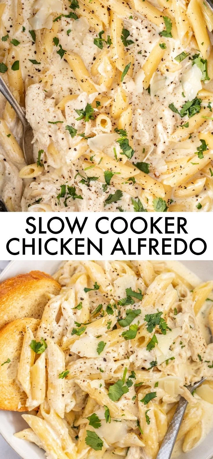 Delicious bowl of BEST Crockpot Chicken Alfredo with creamy sauce and chicken