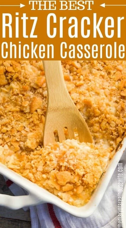 Ritz Cracker Chicken Casserole served in a dish, topped with crispy crackers