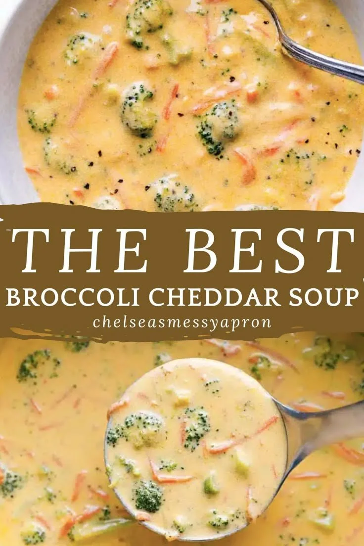 Creamy Broccoli Cheddar Soup served in a bowl with bread on the side
