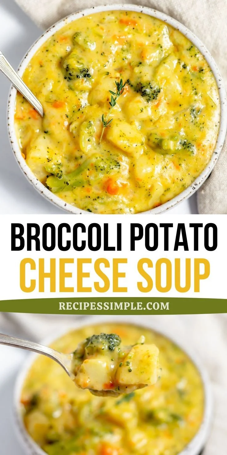 Creamy broccoli potato cheese soup garnished with herbs