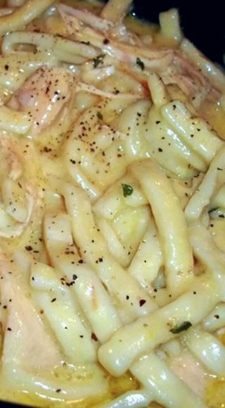 Bowl of comforting chicken and noodles made in a crock pot.