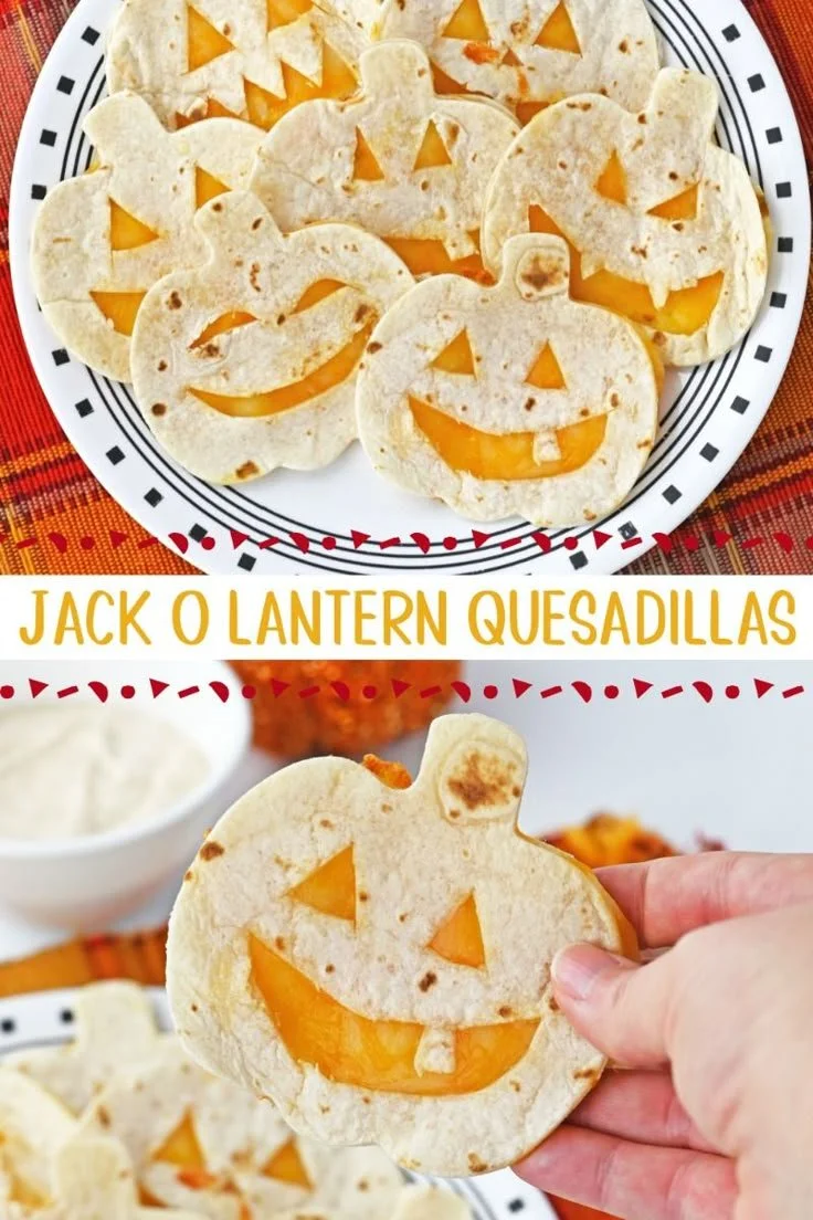 Cheesy Jack o Lantern Quesadillas with festive pumpkin shapes