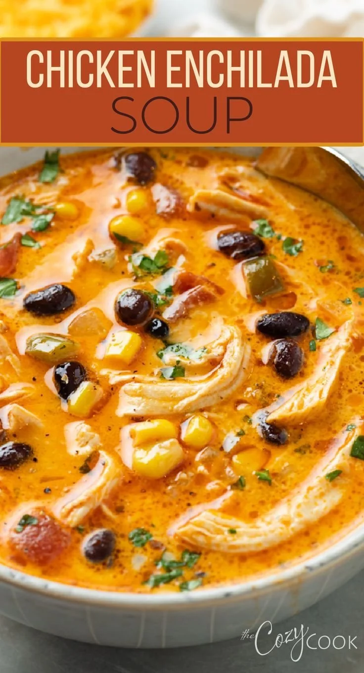 Bowl of homemade chicken enchilada soup topped with cheese and cilantro