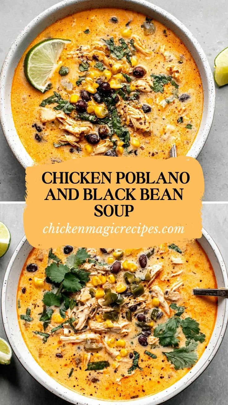 Bowl of Chicken Poblano Soup garnished with cilantro and lime