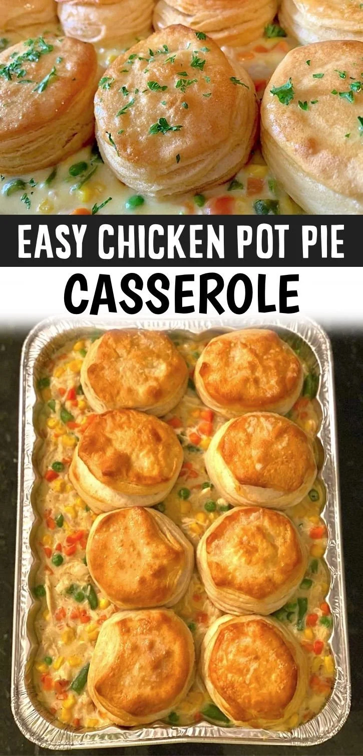Easy Chicken Pot Pie Casserole served on a plate with toppings