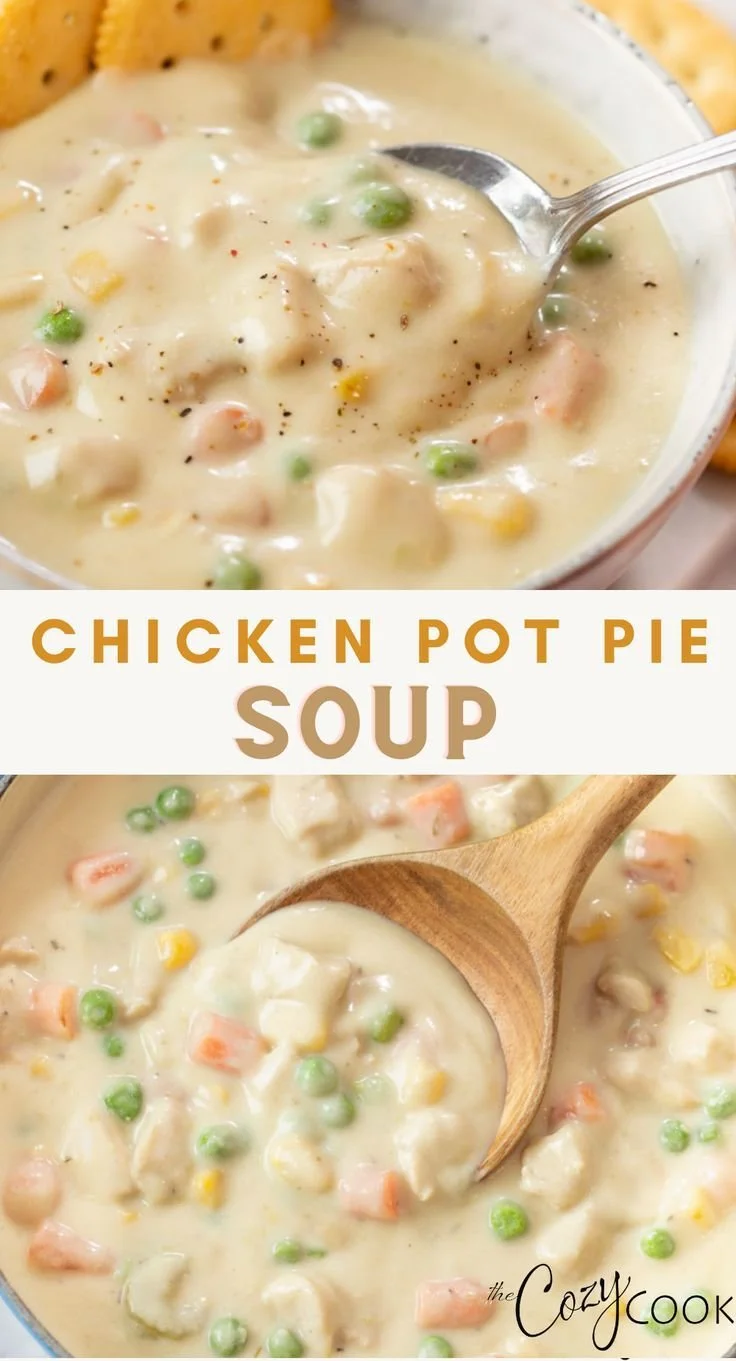 Delicious Chicken Pot Pie Soup in a rustic bowl with fresh herbs.