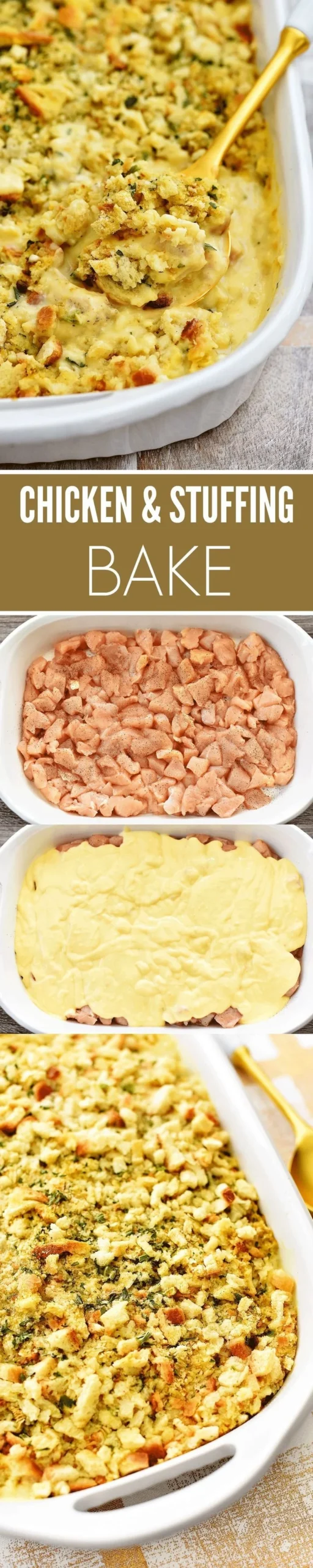 Delicious Chicken & Stuffing Bake garnished and served in a casserole dish