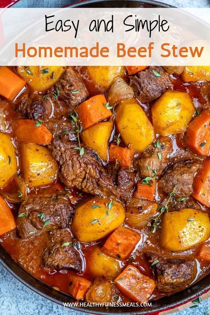 Bowl of classic homemade beef stew with vegetables and herbs