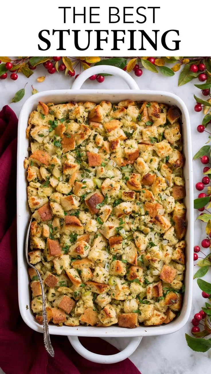 Classic stuffing recipe for Thanksgiving with fresh ingredients and seasonings