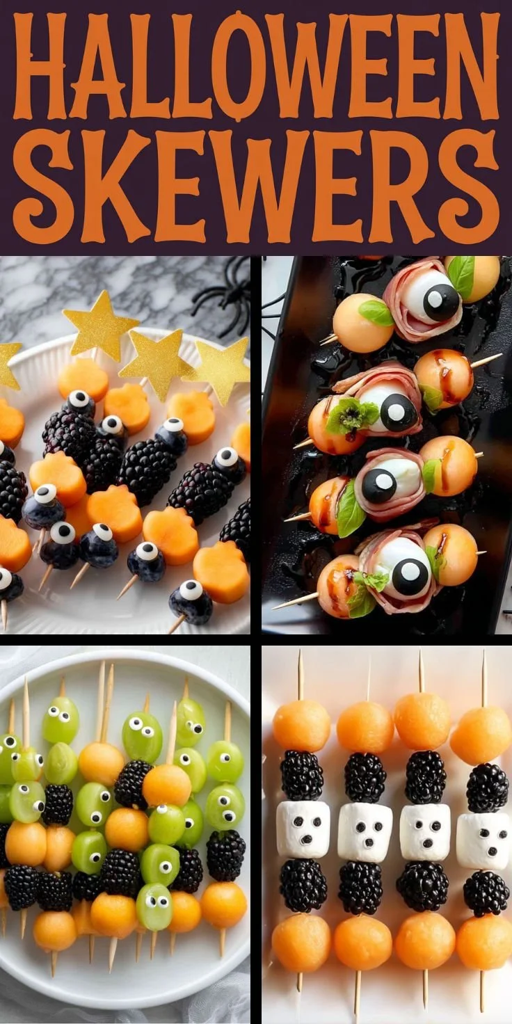 Classy Halloween skewers with prosciutto and mozzarella eyeballs appetizer.