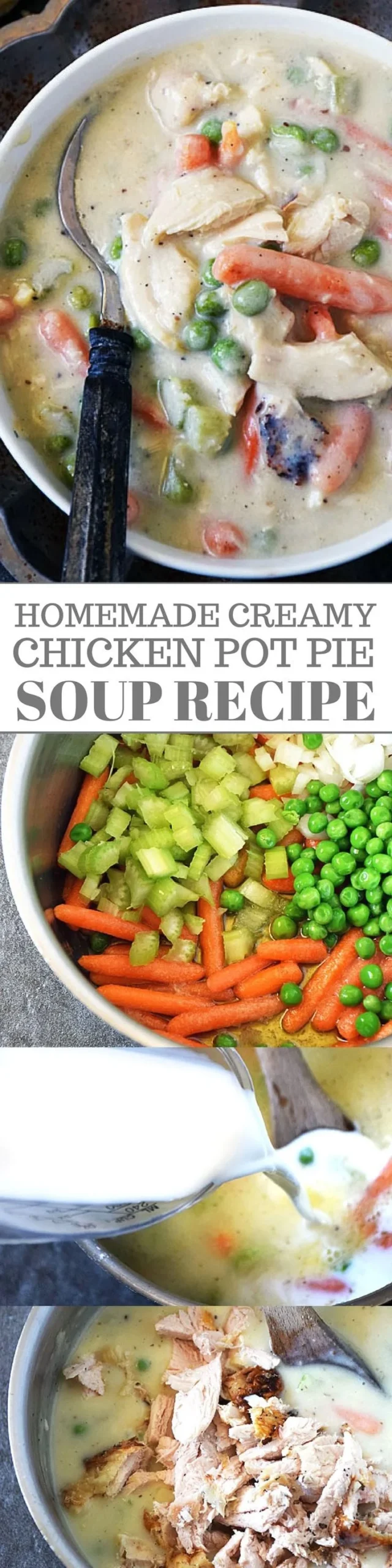 Creamy chicken pot pie soup in a bowl, perfect for rainy day comfort food.