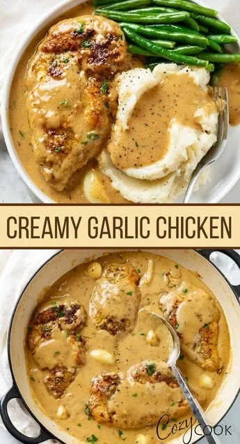 Creamy garlic chicken served with gravy and mashed potatoes, a delicious dinner idea.