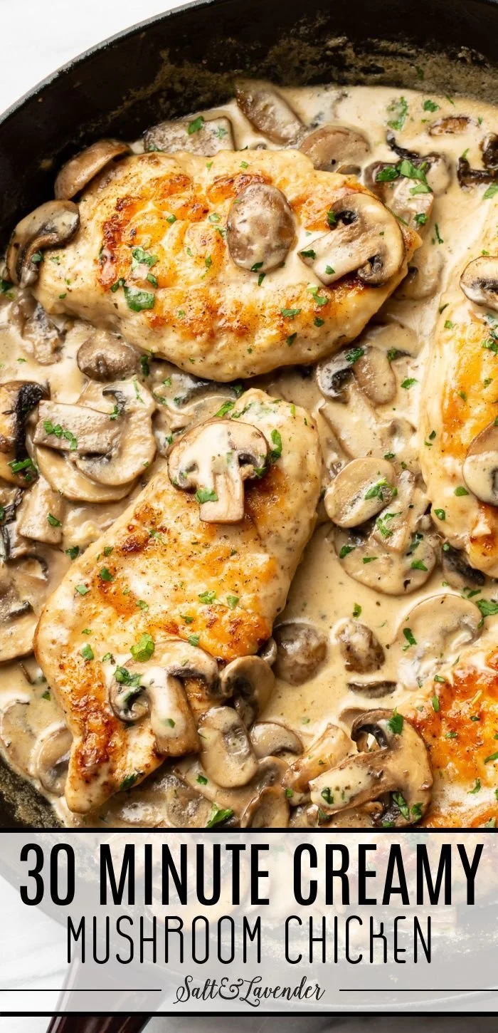 Creamy mushroom chicken served with fresh herbs and a side of vegetables