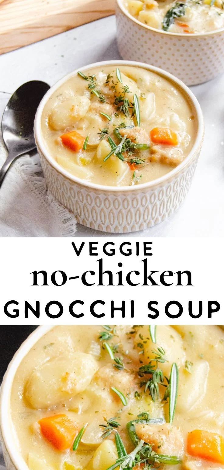 Creamy vegan chicken gnocchi soup in a bowl with fresh herbs on top.